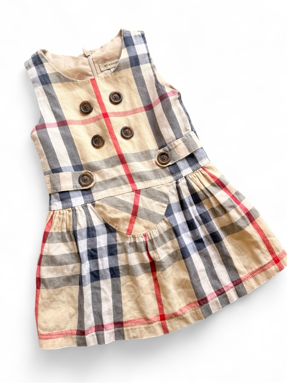 Burberry Beige Plaid Sleeveless Dress with Navy and Red Checks